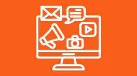 symbol białego ekranu z ikoanmi koperty, wiadomości, zdjęcia i megafonu na pomaranczowym tle